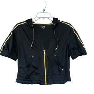 Champion Womens Crop Hoodie Large Black Gold Full Zip Animal Print Hood Casual